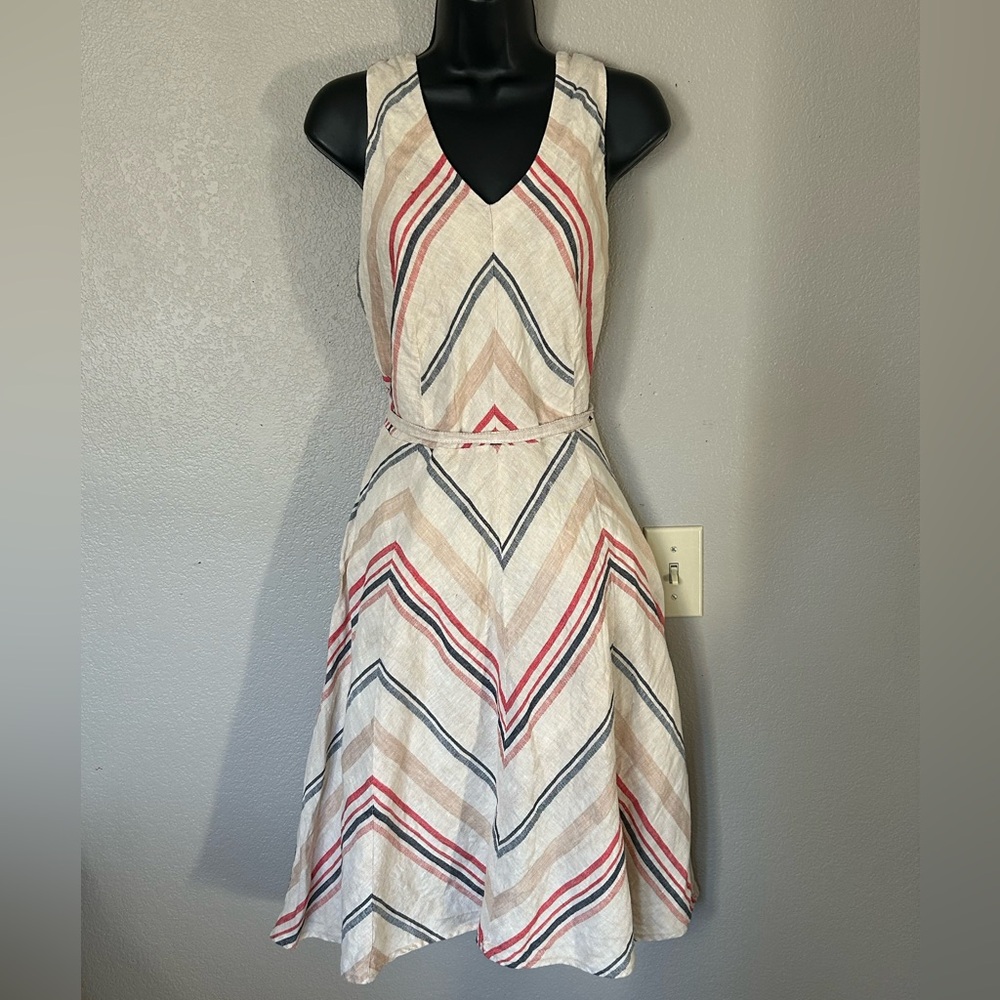 Lands End Women's Sz 12P Striped 100% Linen Sleeveless Lined Belted Midi Dress